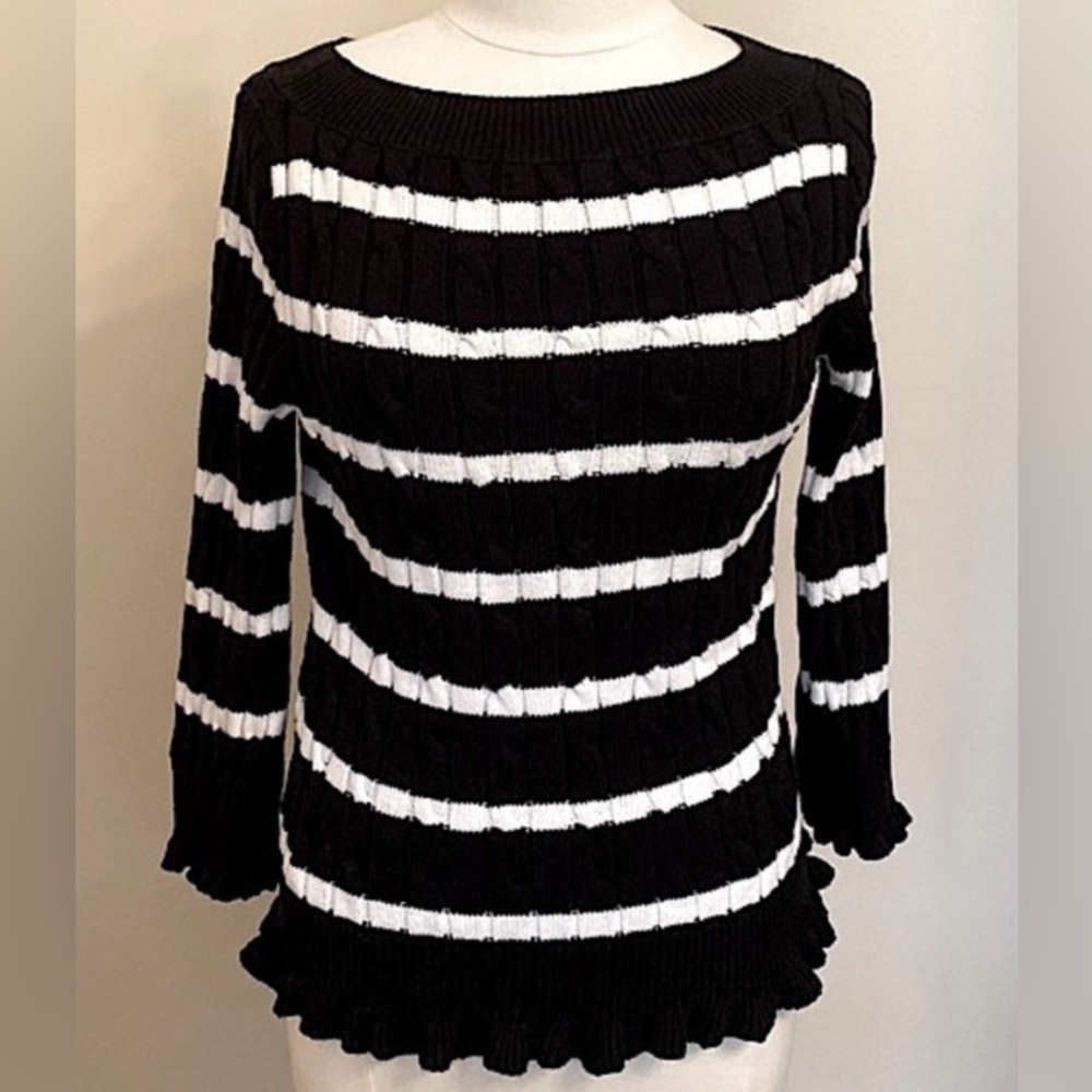 American Living Black White SZ S Cottagecore Coastal Preppy Knit Ruffle Sweater